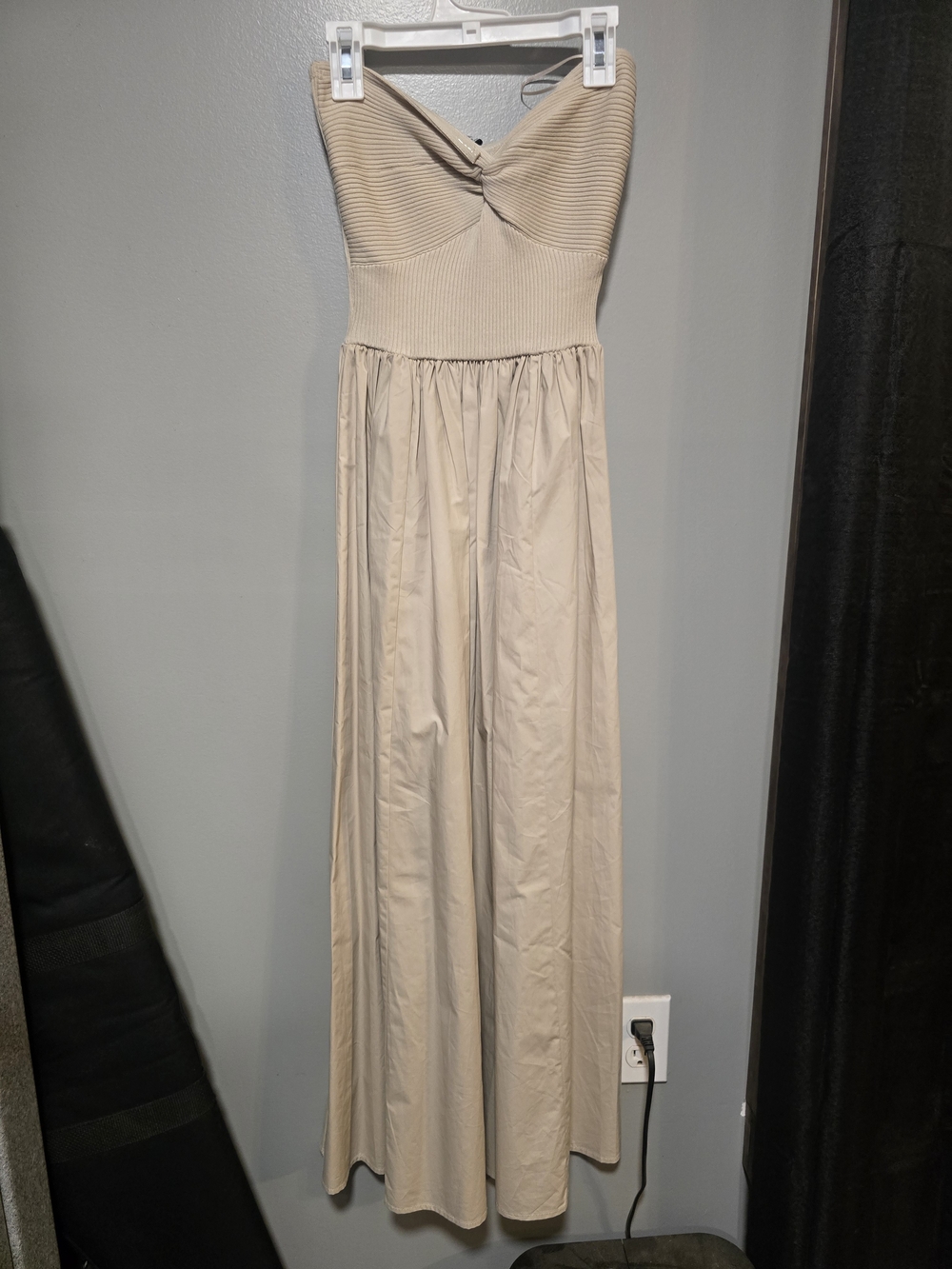 Strapless Beige Midi Dress with Ribbed Bodice